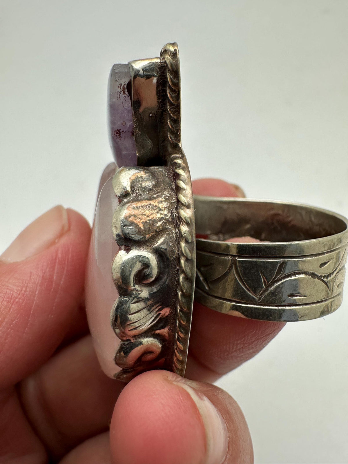 Handcrafted, rose quartz crescent moon ring, tibetan silver, amethyst butterfly,artisan ring,adjustable,