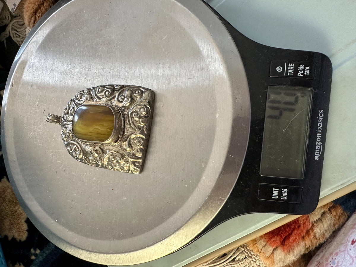 Handcrafted, yellow agate,Tibetan silver, Tibetan design, ethnic style,66.6mmX48.3mm
