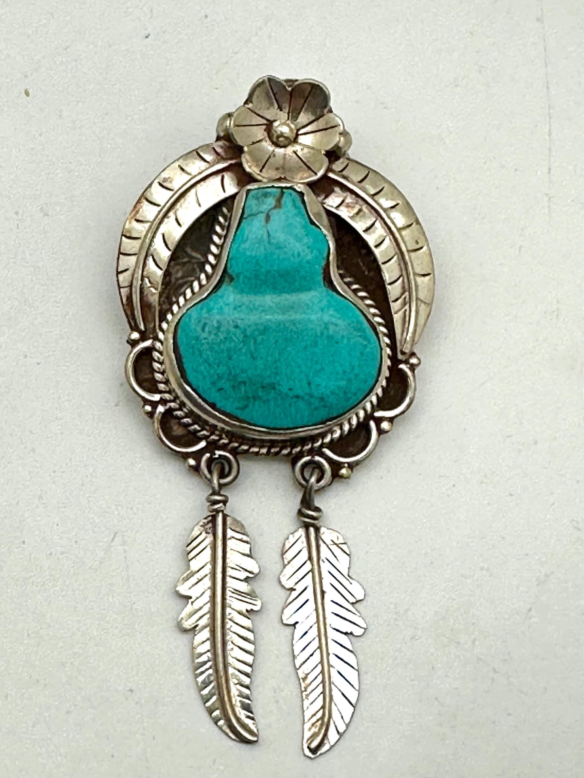 Turquoise pendant, Handcrafted,Tibetan silver,Flower Statement Necklace with Dangle Feathers,76.5mmX35.6mm