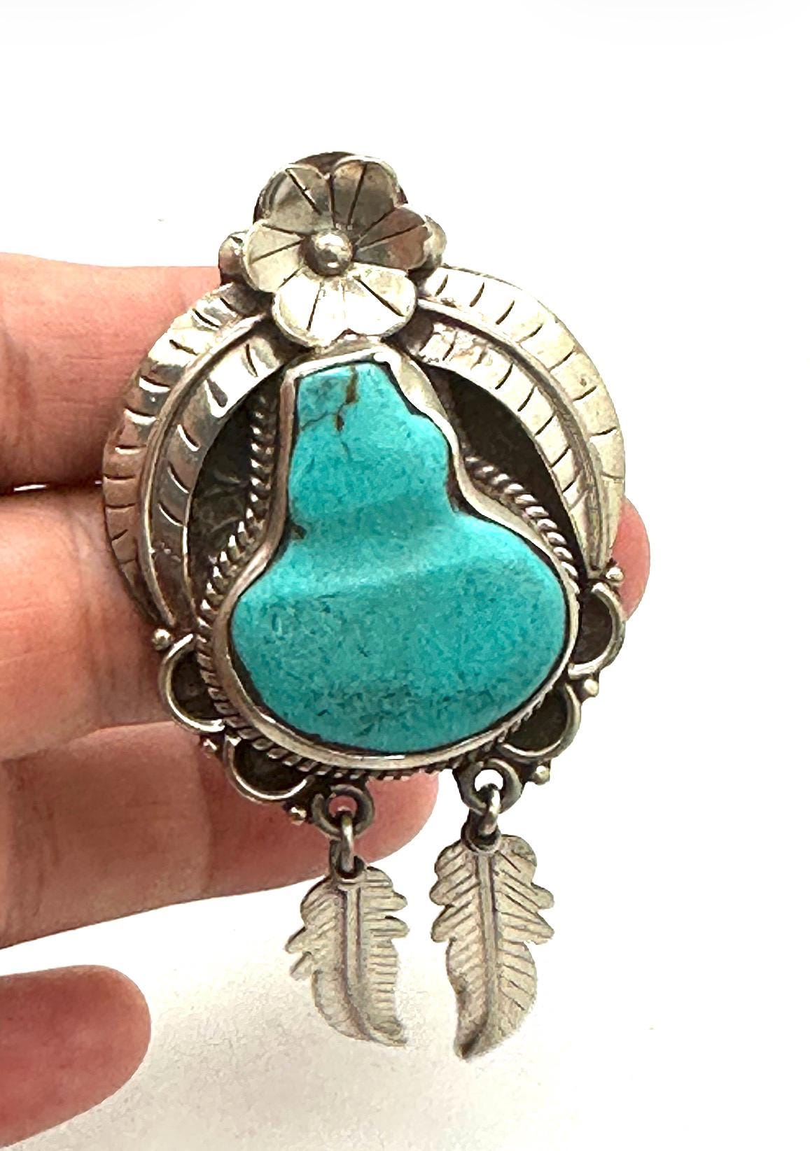 Turquoise pendant, Handcrafted,Tibetan silver,Flower Statement Necklace with Dangle Feathers,76.5mmX35.6mm