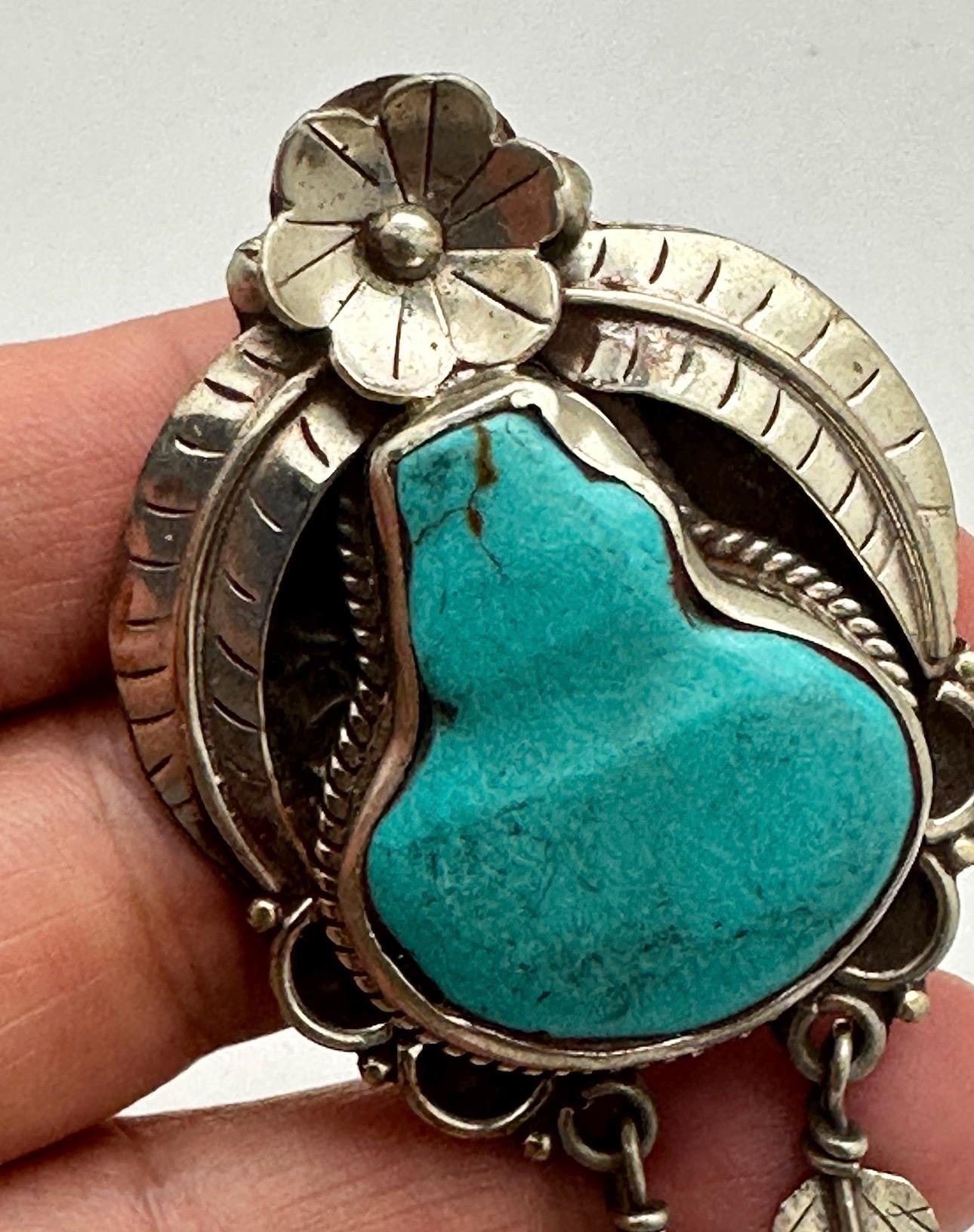 Turquoise pendant, Handcrafted,Tibetan silver,Flower Statement Necklace with Dangle Feathers,76.5mmX35.6mm