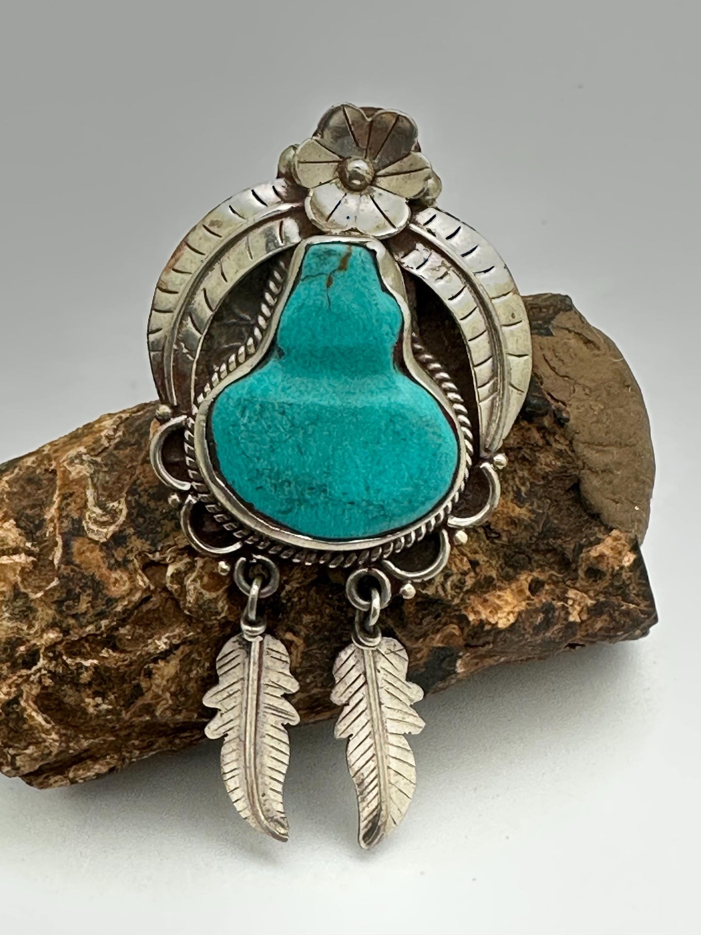 Turquoise pendant, Handcrafted,Tibetan silver,Flower Statement Necklace with Dangle Feathers,76.5mmX35.6mm