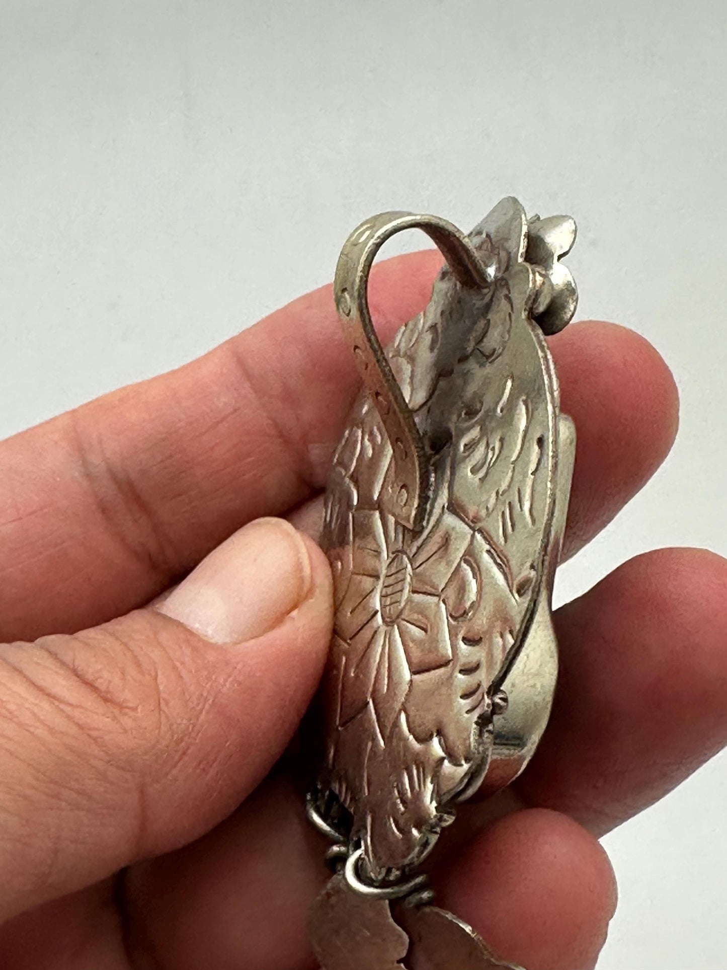 Turquoise pendant, Handcrafted,Tibetan silver,Flower Statement Necklace with Dangle Feathers,76.5mmX35.6mm