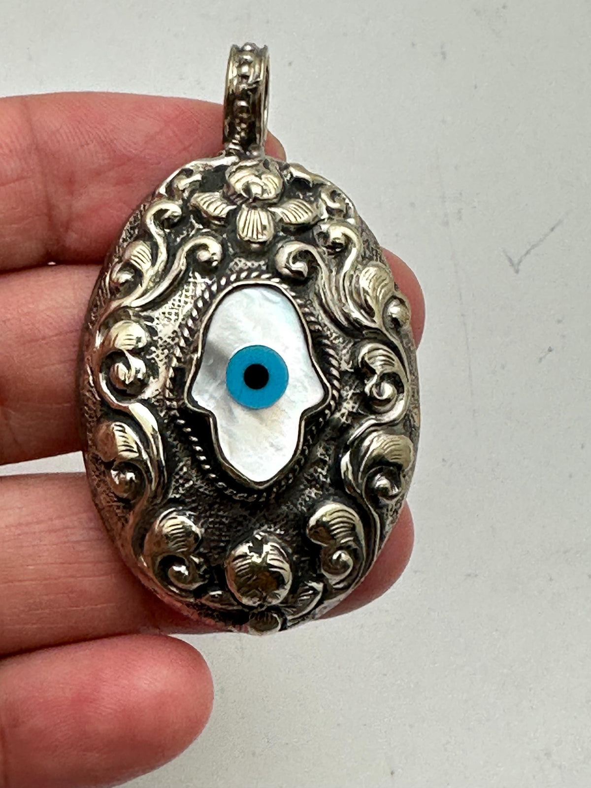 Handcrafted, evil eye,mother of pearl hamsa,Tibetan silver,Bohemian,Nepalese