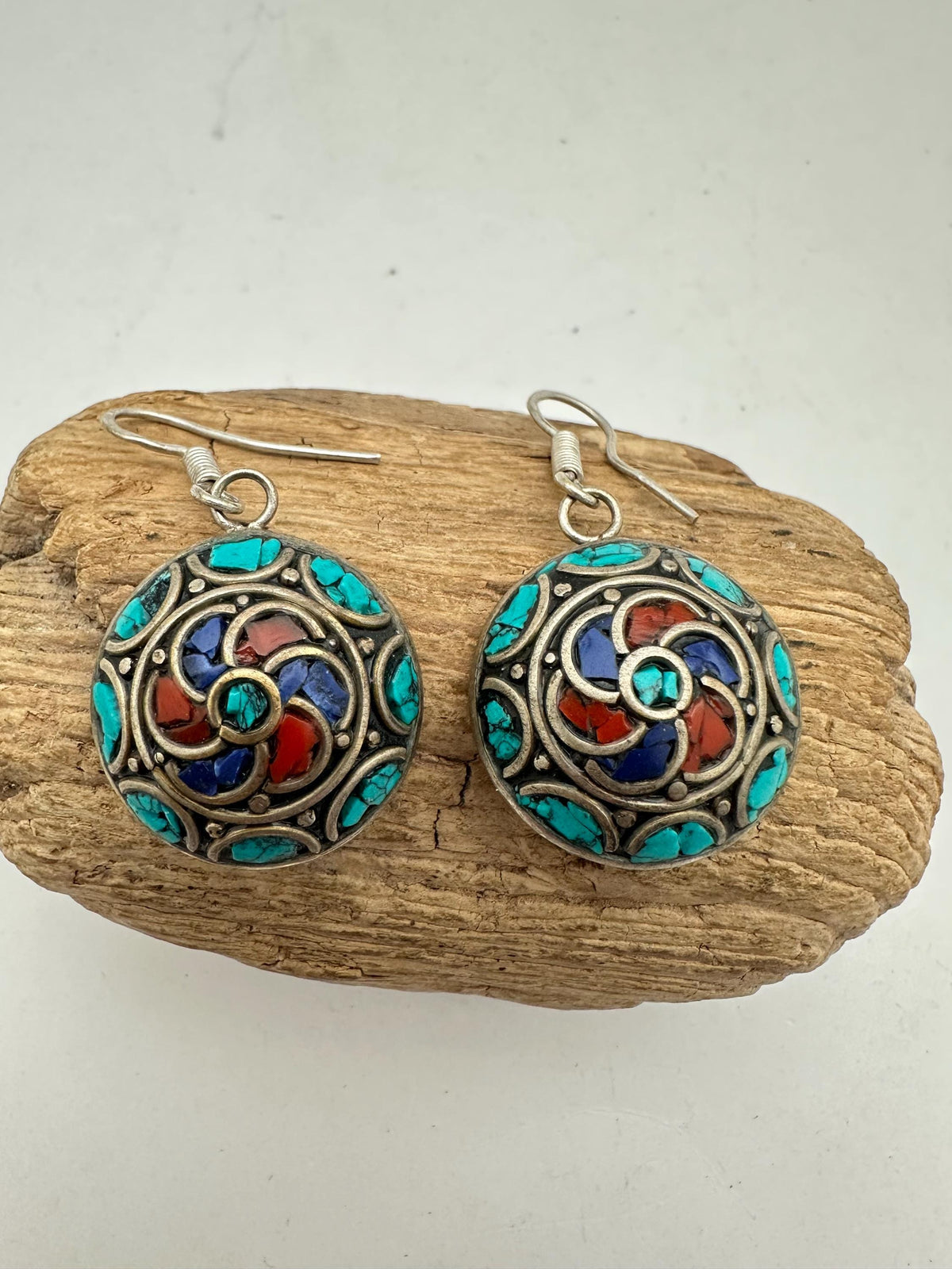 Earrings ,inlay,Tibetan Turquoise, Lapis, Coral Drop Earrings, Handcrafted, Ethnic style, Boho Spiral Jewelry