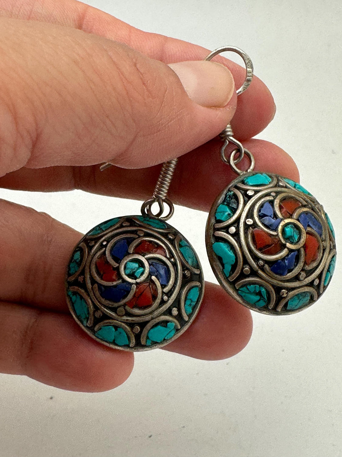Earrings ,inlay,Tibetan Turquoise, Lapis, Coral Drop Earrings, Handcrafted, Ethnic style, Boho Spiral Jewelry