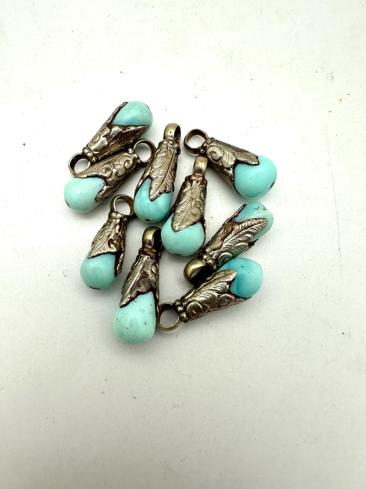 Opal teardrop Charms,Peru opal,Handcrafted,Leaf Cap,Boho Jewelry Making Supplies,Tibetan silver,Craft Charms
