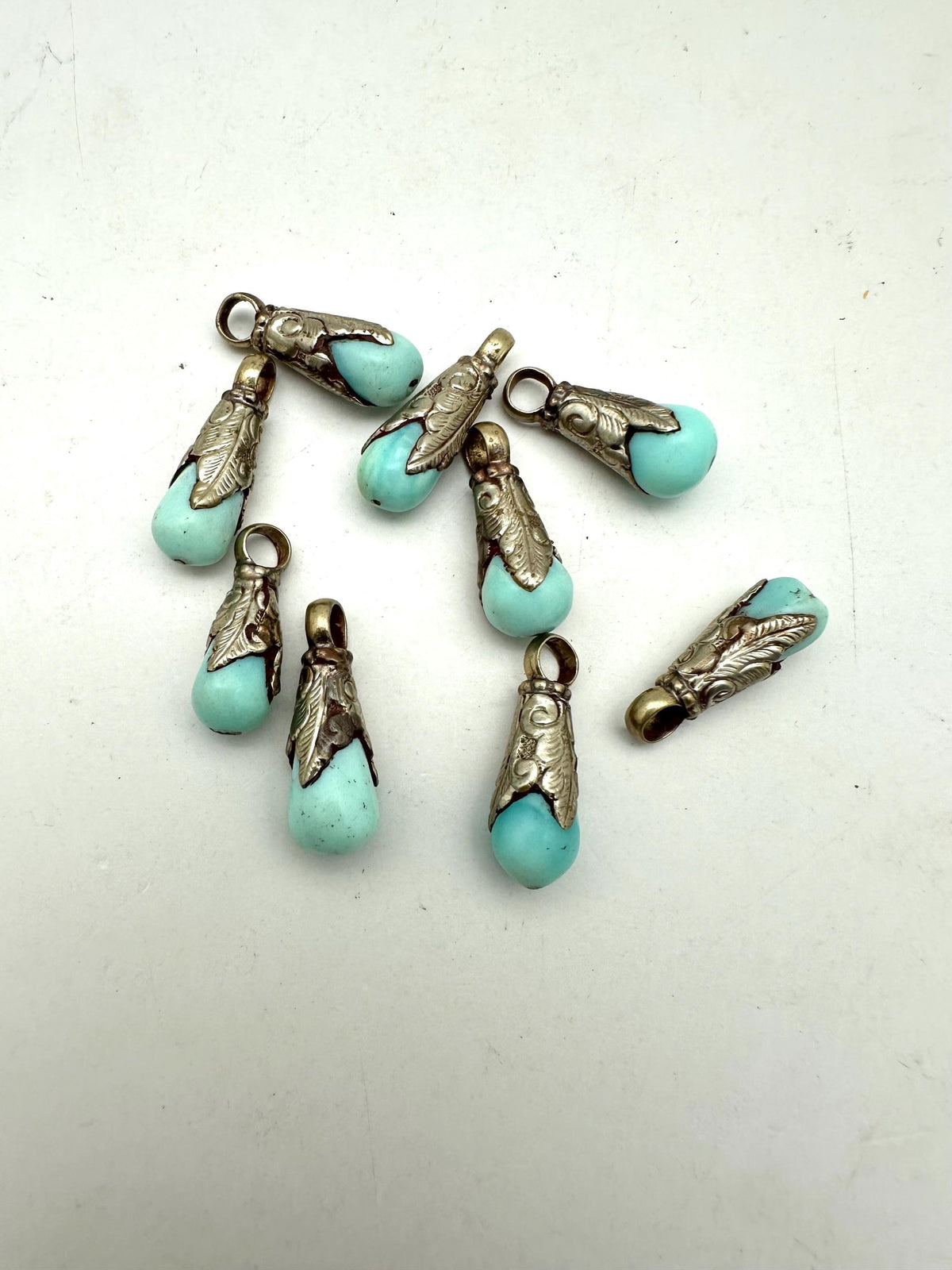 Opal teardrop Charms,Peru opal,Handcrafted,Leaf Cap,Boho Jewelry Making Supplies,Tibetan silver,Craft Charms