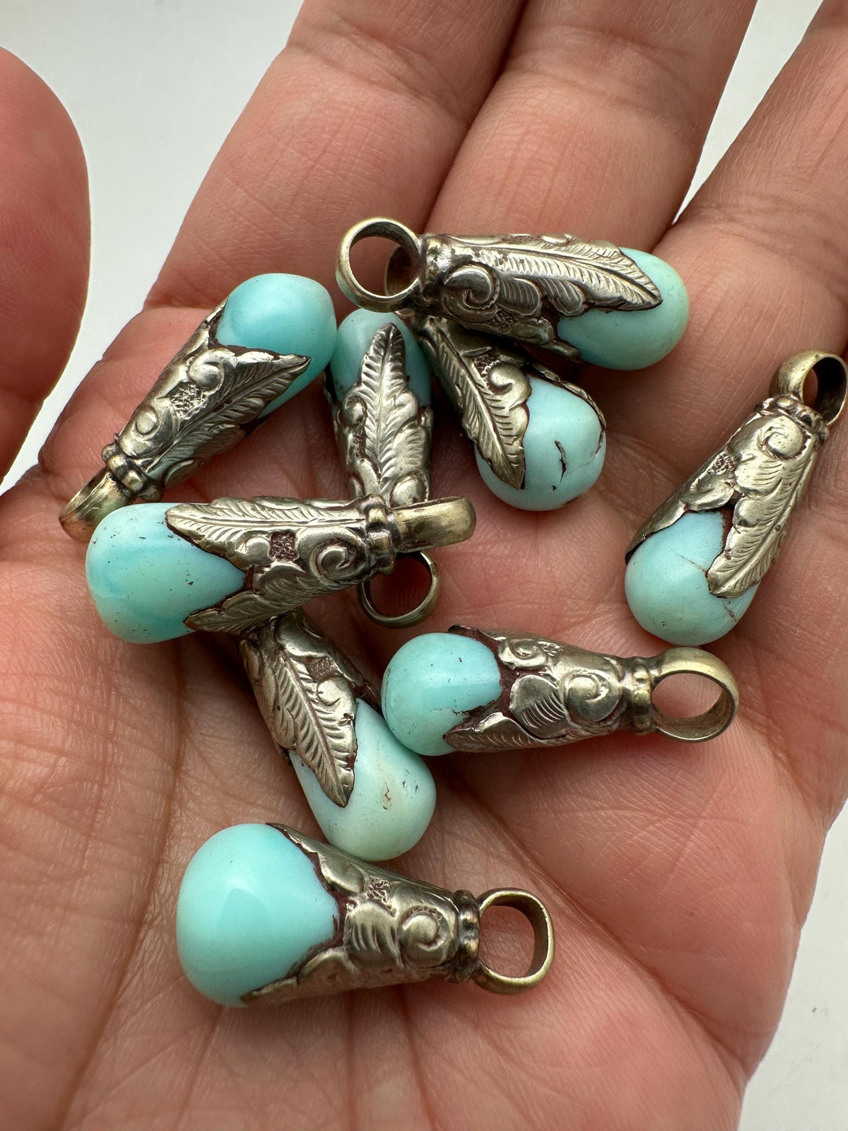 Opal teardrop Charms,Peru opal,Handcrafted,Leaf Cap,Boho Jewelry Making Supplies,Tibetan silver,Craft Charms