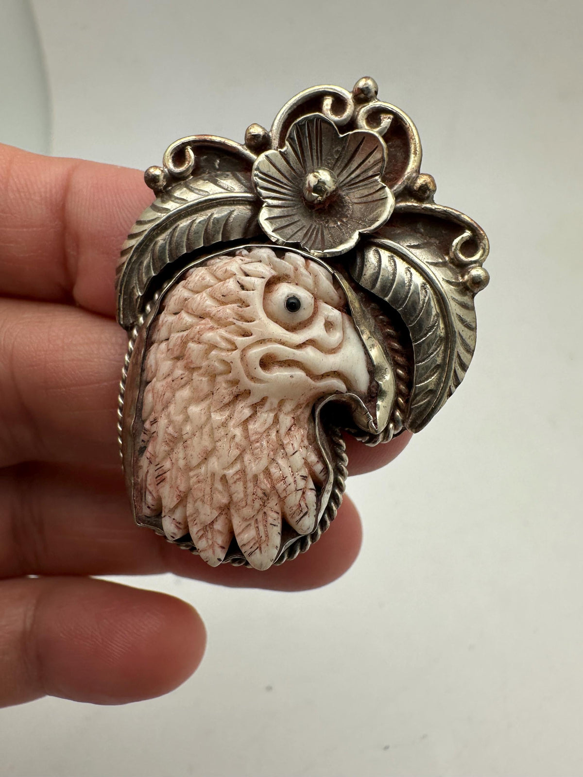 Handcrafted, bone carved eagle pendant, Tibetan silver, bird lover, 32.7mmX44.6mm