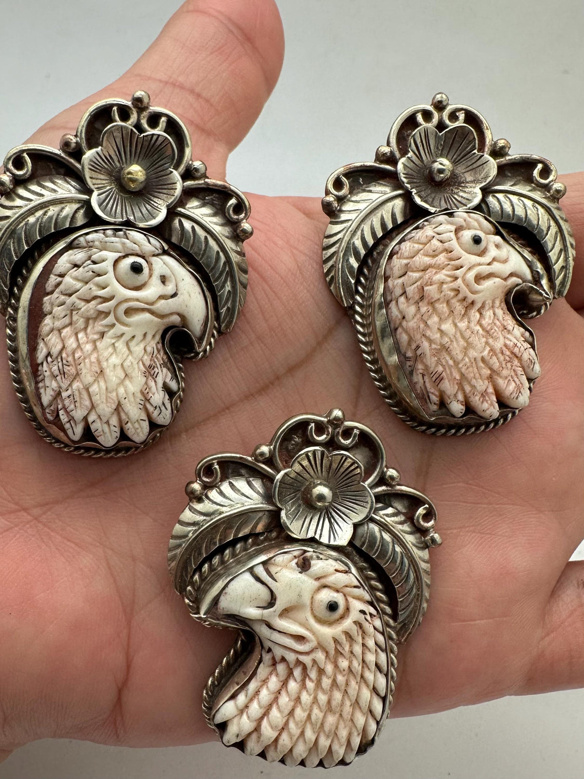 Handcrafted, bone carved eagle pendant, Tibetan silver, bird lover, 32.7mmX44.6mm