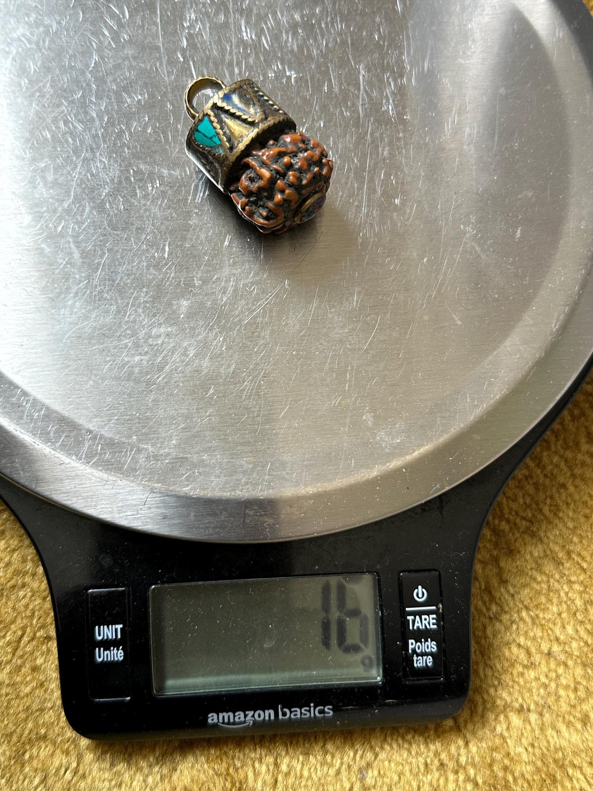 rudraksha bead pendant ,charm, handcrafted,brass,turquoise,lapis inlaid,Nepalese,36X20mm