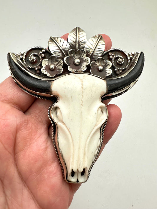 Handcrafted,Large Bone carved bull head skull pendant,Tibetan silver, floral,flower,design,ethnic style 82.3mmX30.2mm