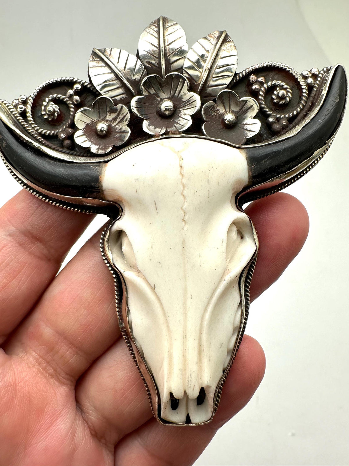 Handcrafted,Large Bone carved bull head skull pendant,Tibetan silver, floral,flower,design,ethnic style 82.3mmX30.2mm