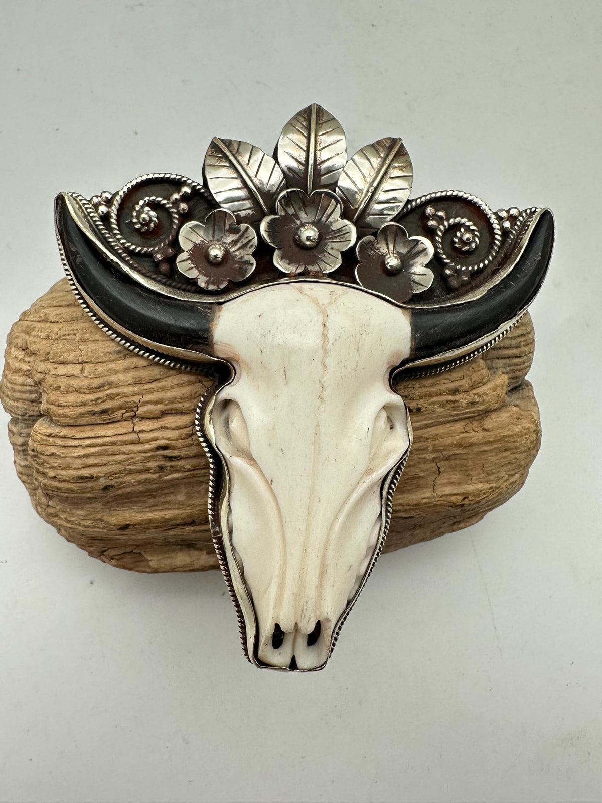 Handcrafted,Large Bone carved bull head skull pendant,Tibetan silver, floral,flower,design,ethnic style 82.3mmX30.2mm