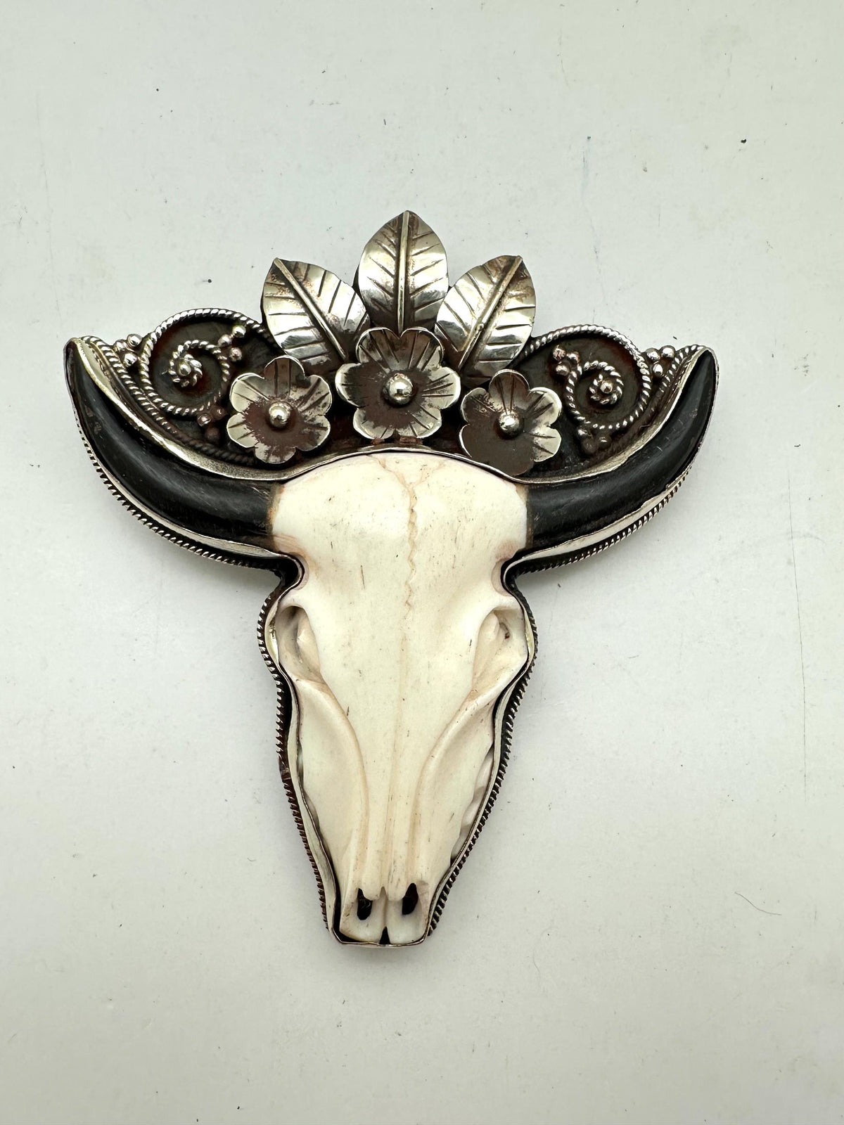 Handcrafted,Large Bone carved bull head skull pendant,Tibetan silver, floral,flower,design,ethnic style 82.3mmX30.2mm