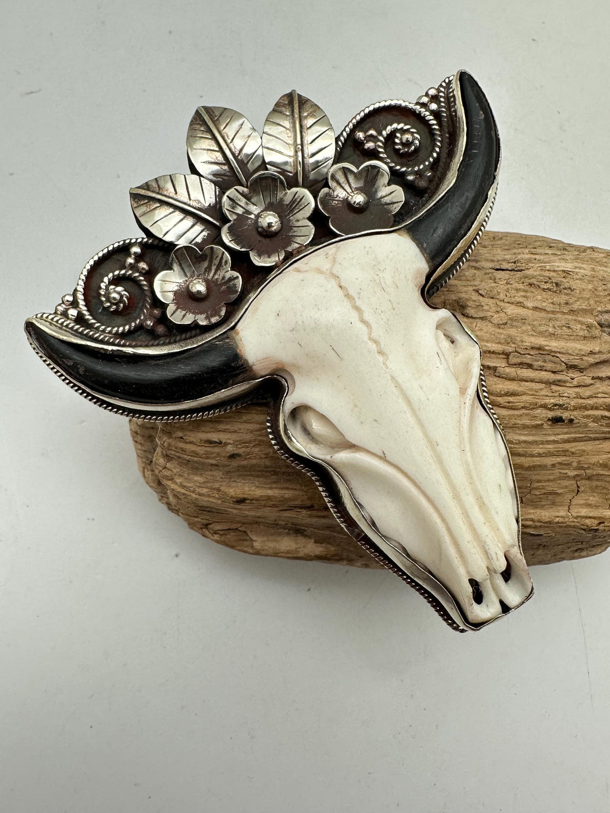 Handcrafted,Large Bone carved bull head skull pendant,Tibetan silver, floral,flower,design,ethnic style 82.3mmX30.2mm