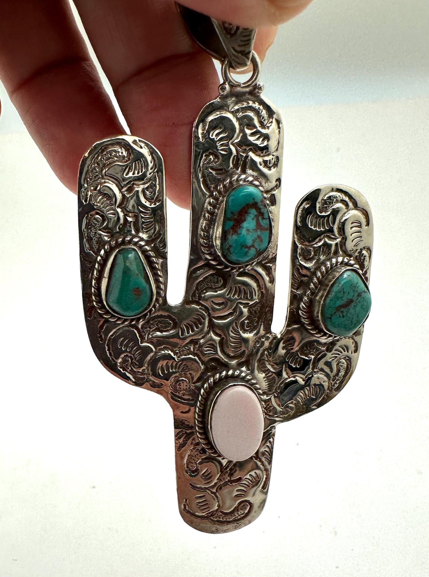 Cactus pendant, handcrafted,Tibetan repoussesilver, turquoise, shell, bohemien, artisan jewelry,
