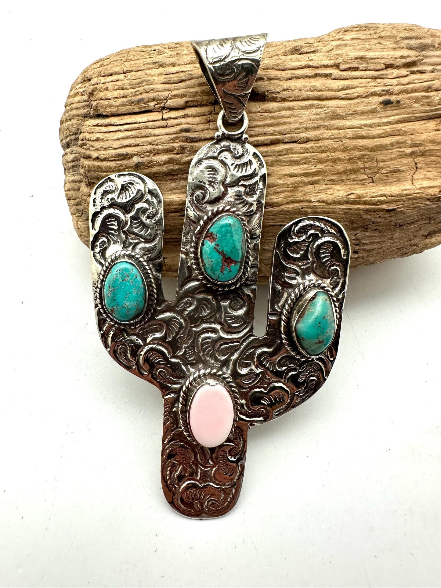 Cactus pendant, handcrafted,Tibetan repoussesilver, turquoise, shell, bohemien, artisan jewelry,