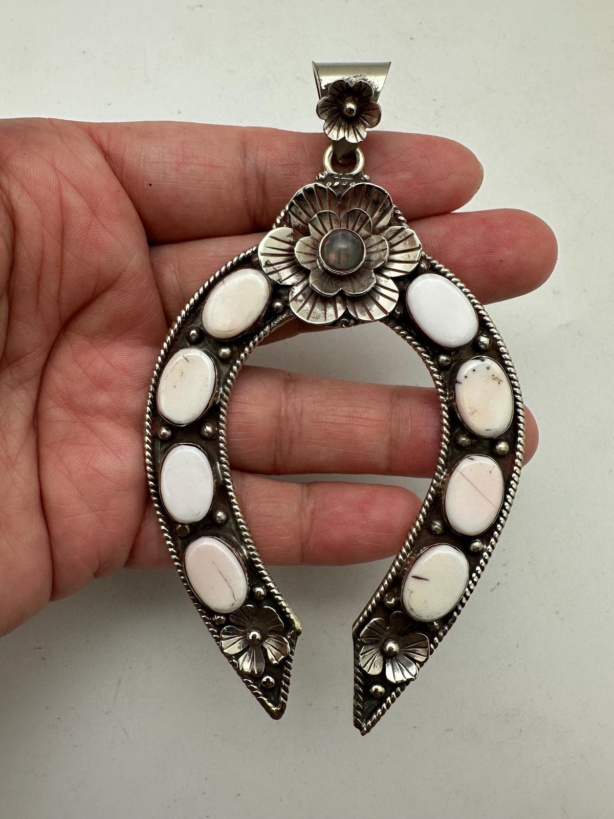 Large Floral blossoms pendant,, tibetan silver, white and pink shell, handcrafted,labradorite, flower pendant, 102.8mmX60.4mm