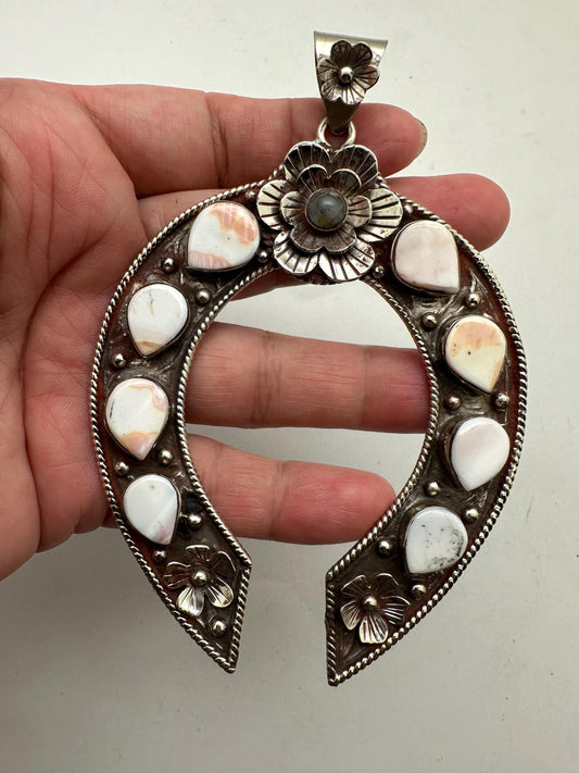 Large Squash blossom pendant, handcrafted, tibetan silver, floral Labradorite, Pink and white Spondylus Shell Crescent, 103.6mmX71.6mm