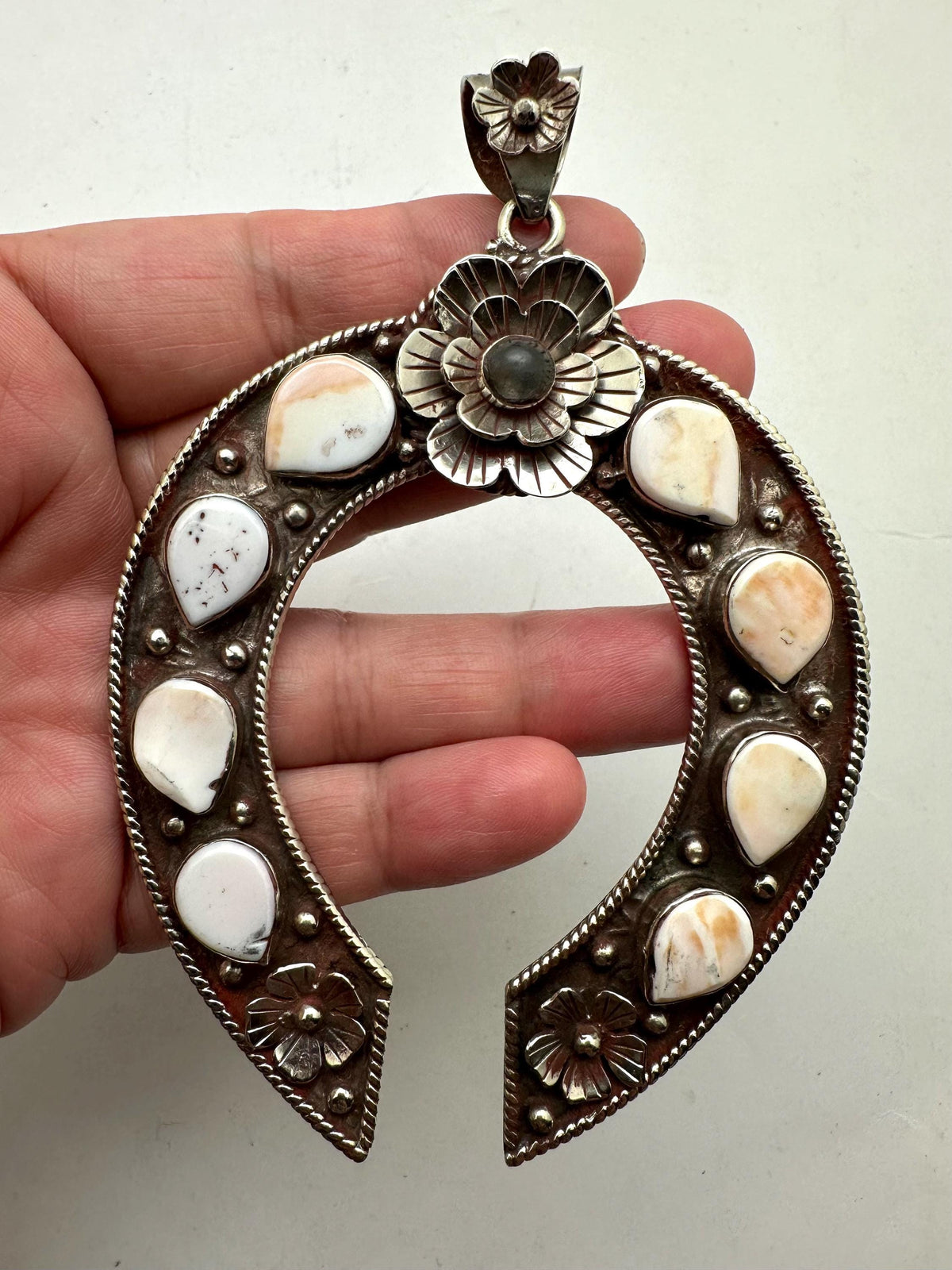 Large Squash blossom pendant, handcrafted, tibetan silver, floral Labradorite, Pink and white Spondylus Shell Crescent, 103.6mmX71.6mm