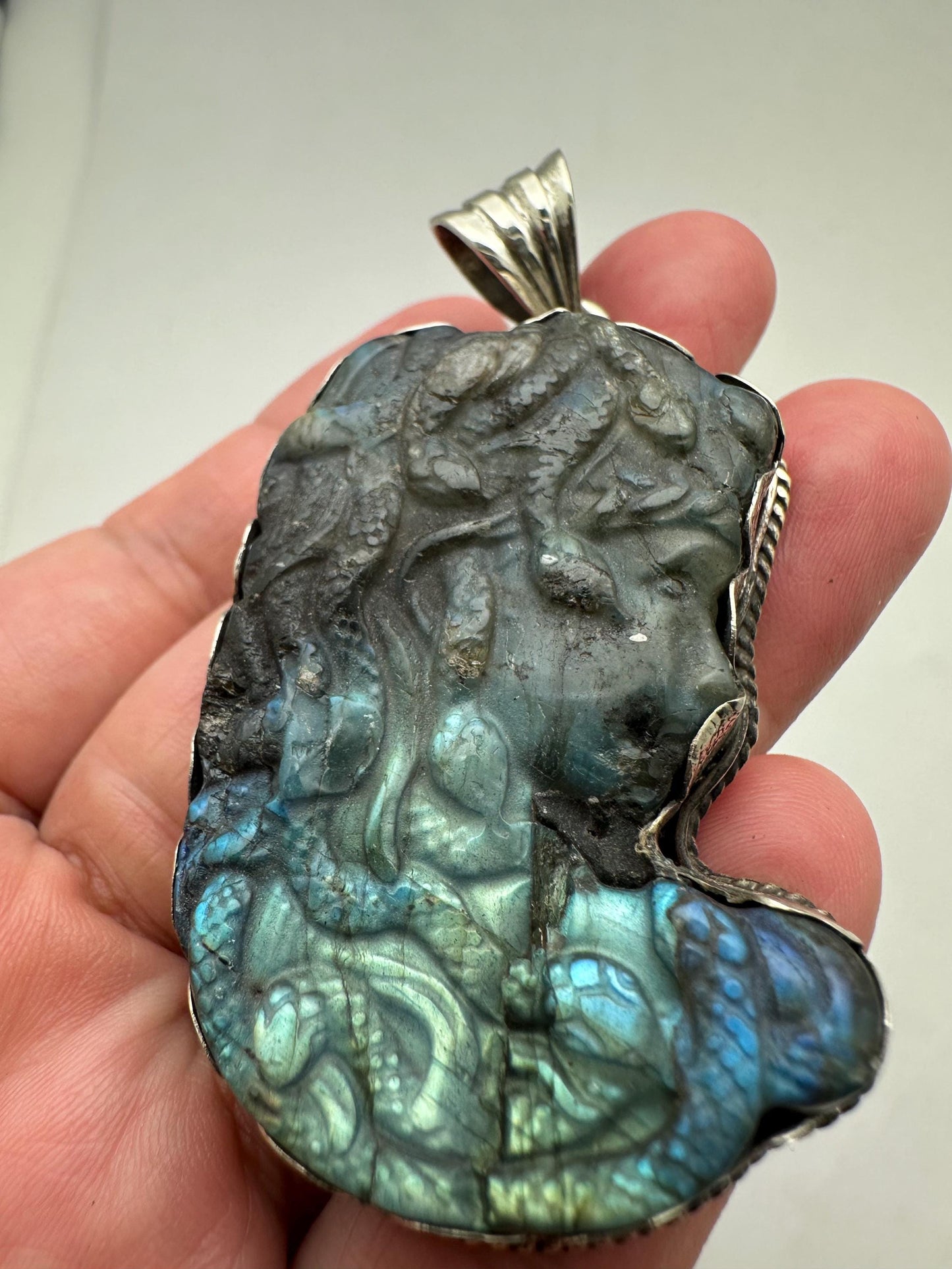 Labradorite carved medusa pendant, handcrafted,Tibetan silver,Artisan jewelry 66.6mmX35.3mm