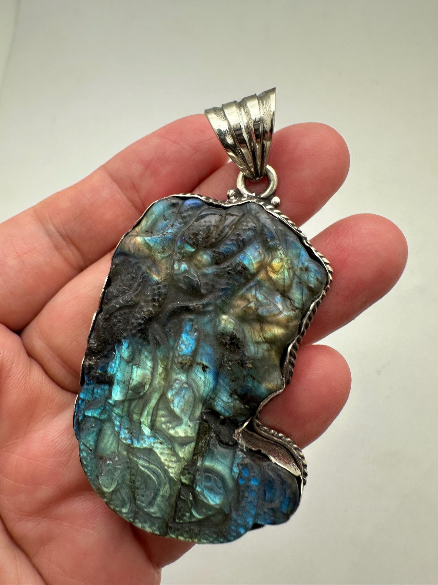 Labradorite carved medusa pendant, handcrafted,Tibetan silver,Artisan jewelry 66.6mmX35.3mm