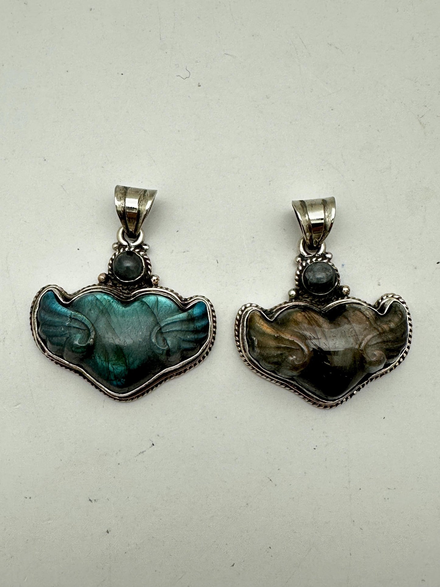 Carved Labradorite Winged Heart Pendant, Blue Golden Flash, Tibetan Silver, Artisan Boho Jewelry