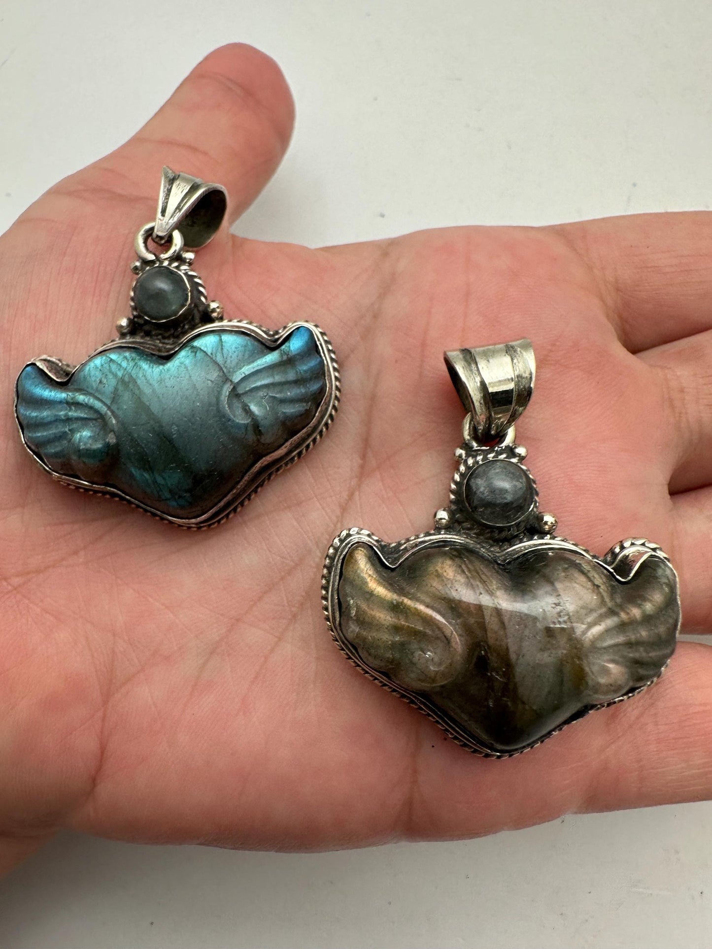 Carved Labradorite Winged Heart Pendant, Blue Golden Flash, Tibetan Silver, Artisan Boho Jewelry