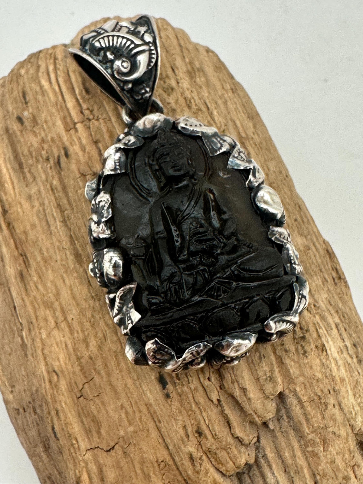 Moldabite medicine Buddha , extremely rare master handcrafted with sterling silver