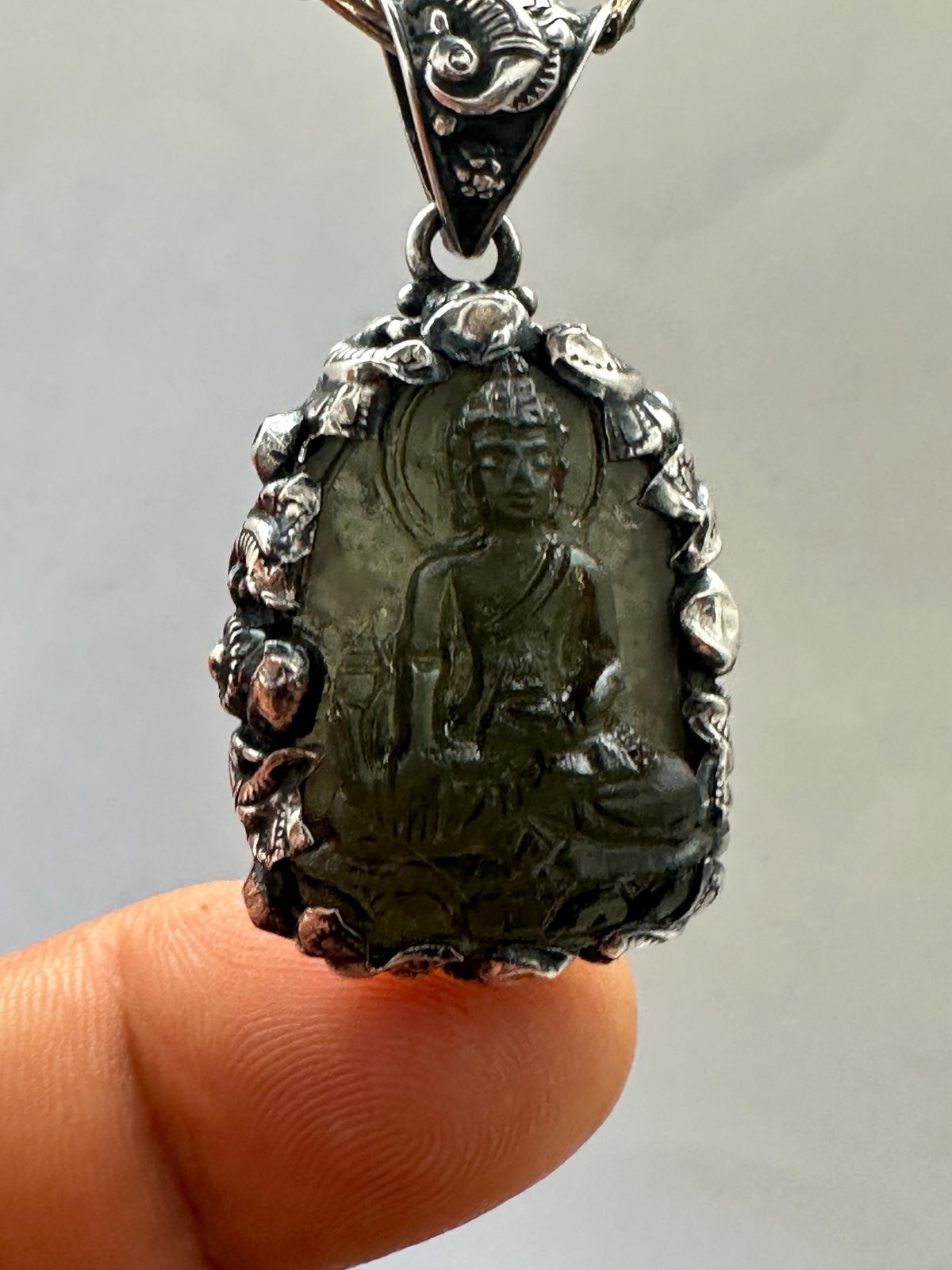 Moldabite medicine Buddha , extremely rare master handcrafted with sterling silver