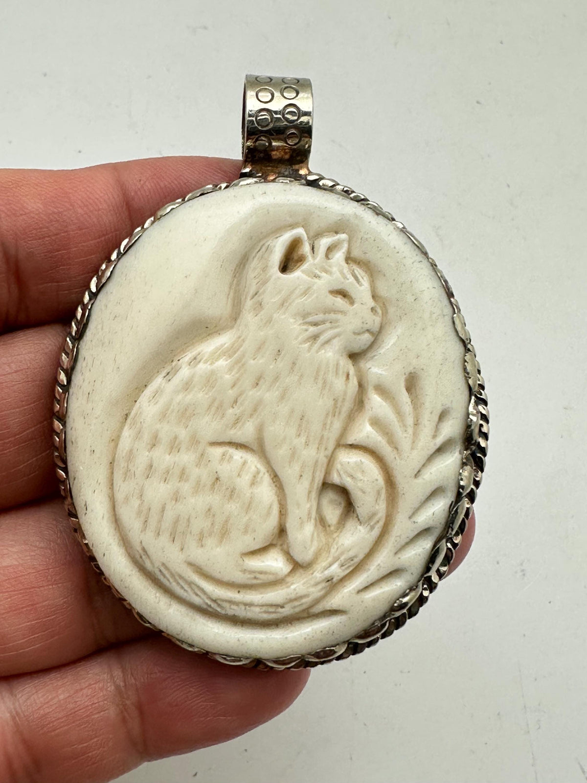 Handcrafted, bone carved cat pendant, Tibetan silver,labradorite,Himalayan,63mmX43mm