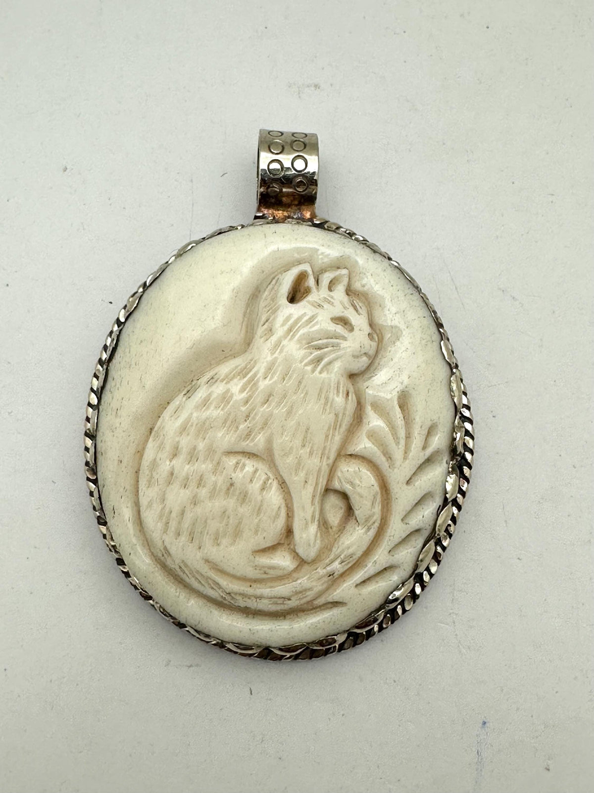 Handcrafted, bone carved cat pendant, Tibetan silver,labradorite,Himalayan,63mmX43mm