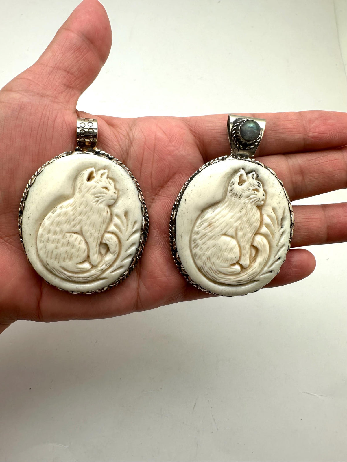 Handcrafted, bone carved cat pendant, Tibetan silver,labradorite,Himalayan,63mmX43mm