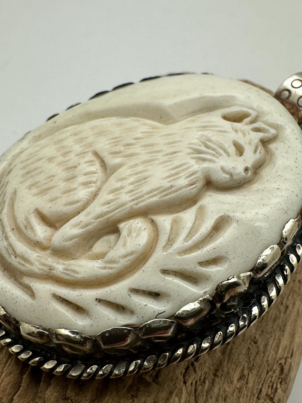 Handcrafted, bone carved cat pendant, Tibetan silver,labradorite,Himalayan,63mmX43mm