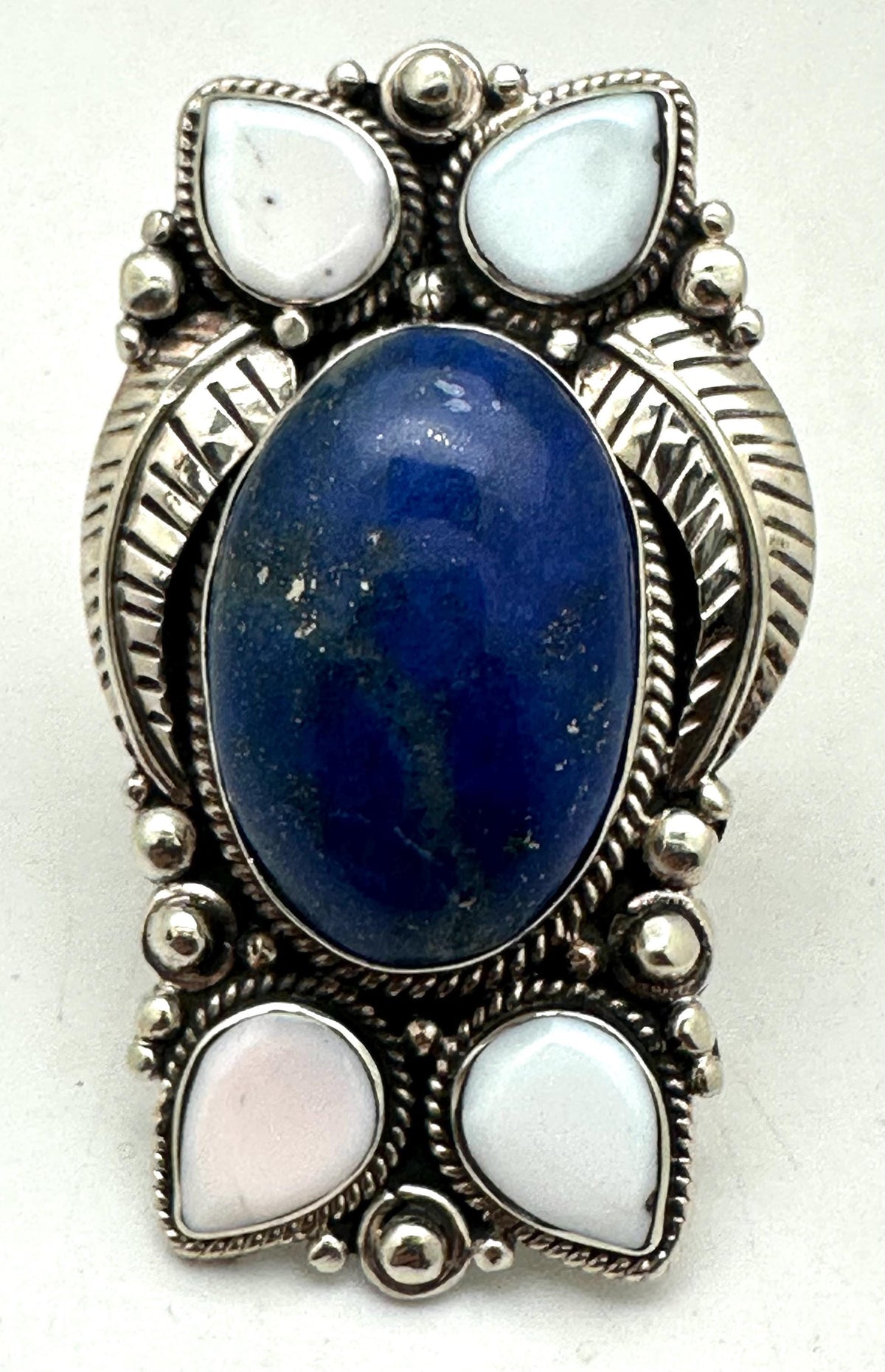 large lapis lazuli ring, pink shell, handcrfated, tibetan silver, floral design, adjustable,