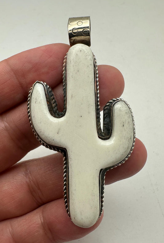 Handcrafted, bone carved cactus pendant,Tibetan silver,65X35mm