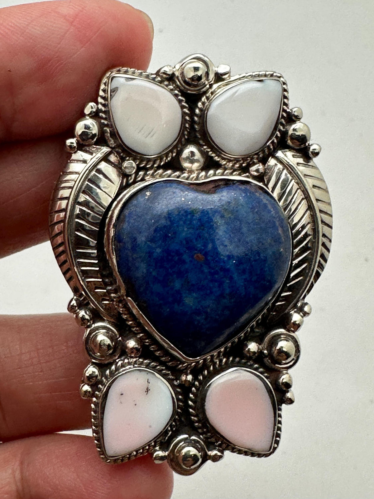 Handcrafted large lapis lazuli heart shape ring, shell floral ring,Tibetan silver, adjustable,50X35mm