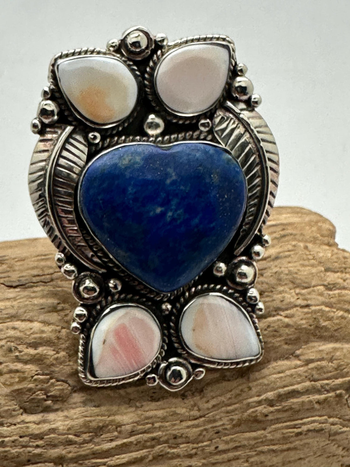 Handcrafted large lapis lazuli heart shape ring, shell floral ring,Tibetan silver, adjustable,50X35mm