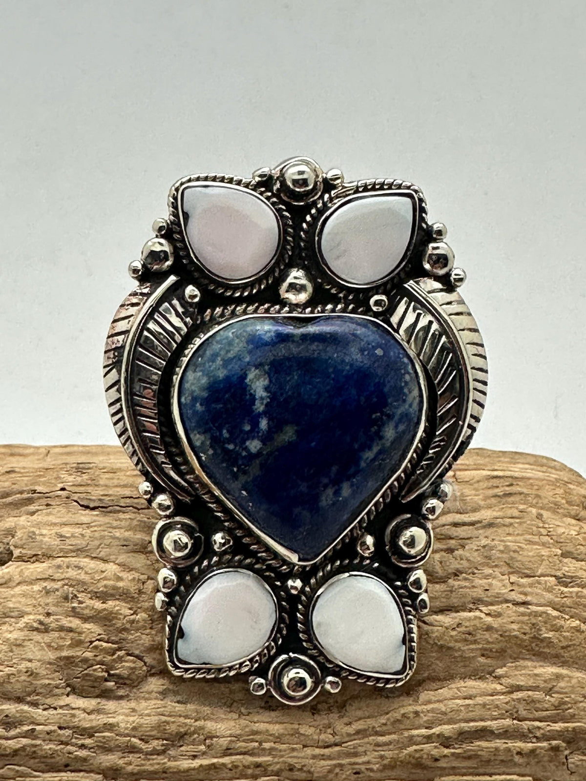 Handcrafted large lapis lazuli heart shape ring, shell floral ring,Tibetan silver, adjustable,50X35mm