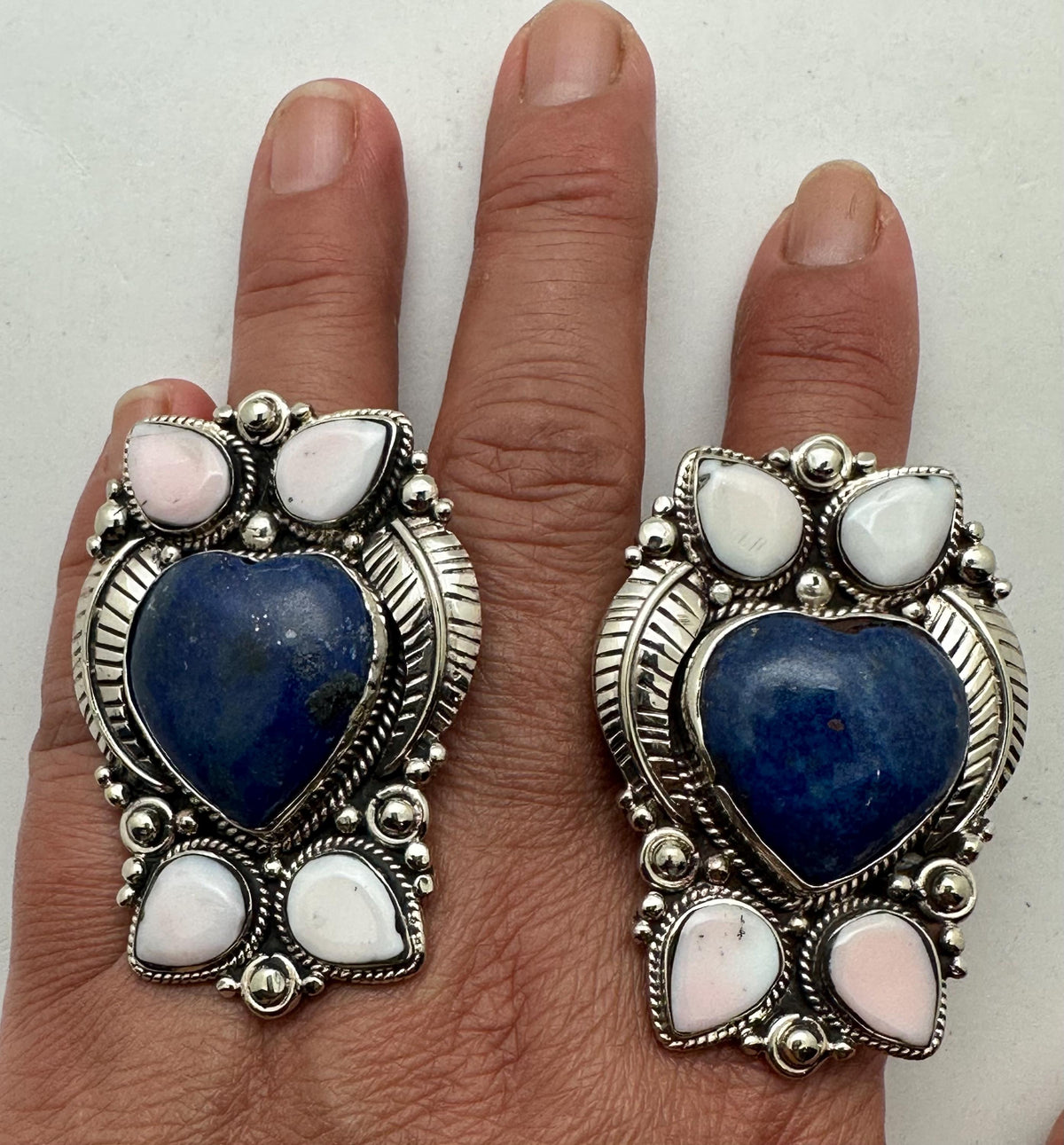 Handcrafted large lapis lazuli heart shape ring, shell floral ring,Tibetan silver, adjustable,50X35mm