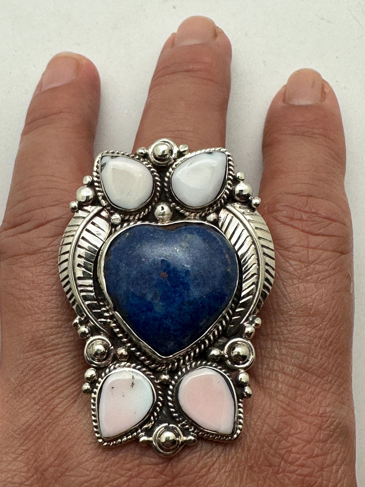 Handcrafted large lapis lazuli heart shape ring, shell floral ring,Tibetan silver, adjustable,50X35mm