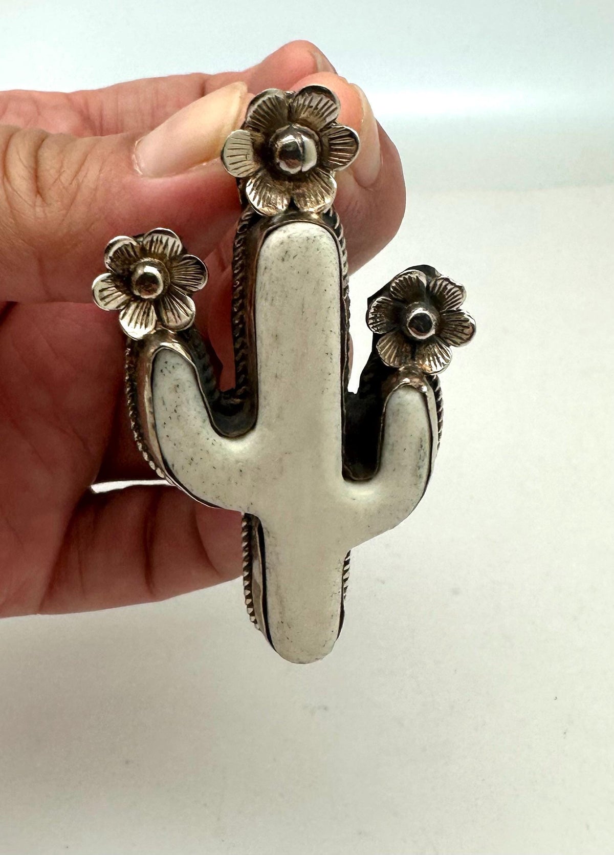 Handcrafted,Bone carved cactus pendant, floral pendant,Tibetan silver,65mmX34mm