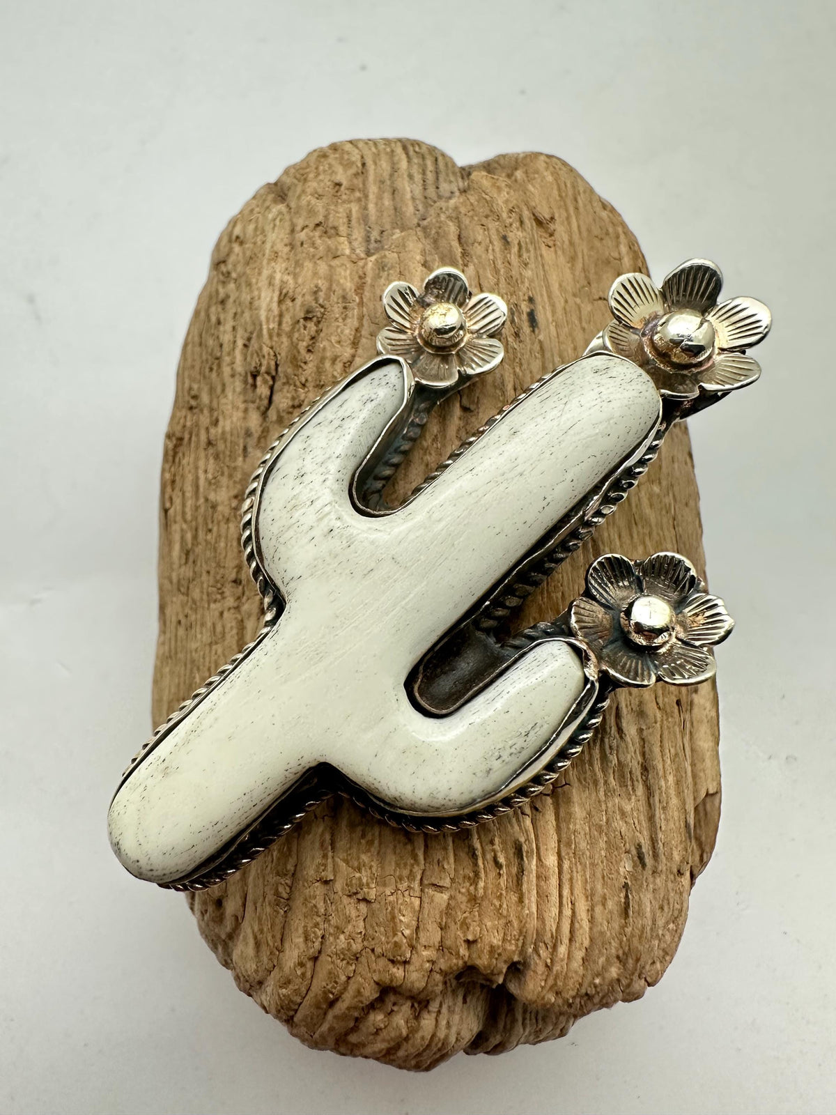Handcrafted,Bone carved cactus pendant, floral pendant,Tibetan silver,65mmX34mm