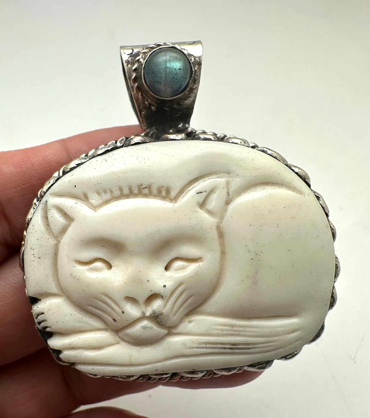 Bone carved cat, Handcrafted, Labradorite, Tibetan silver, Himalayan