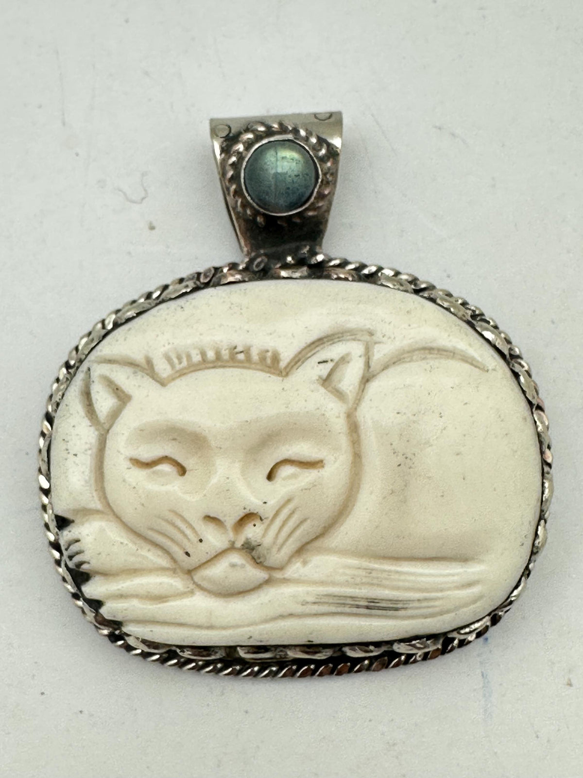 Bone carved cat, Handcrafted, Labradorite, Tibetan silver, Himalayan