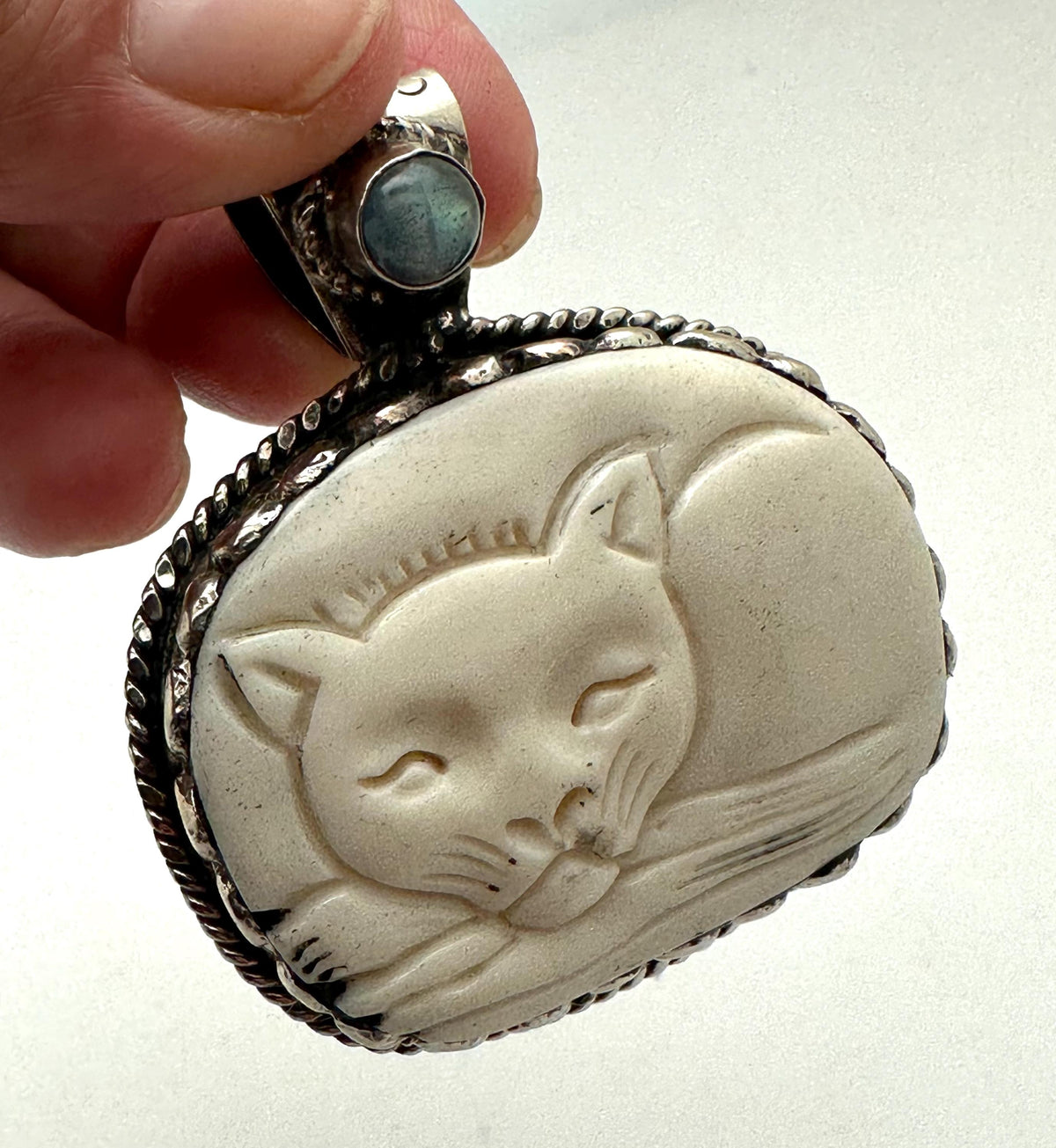 Bone carved cat, Handcrafted, Labradorite, Tibetan silver, Himalayan