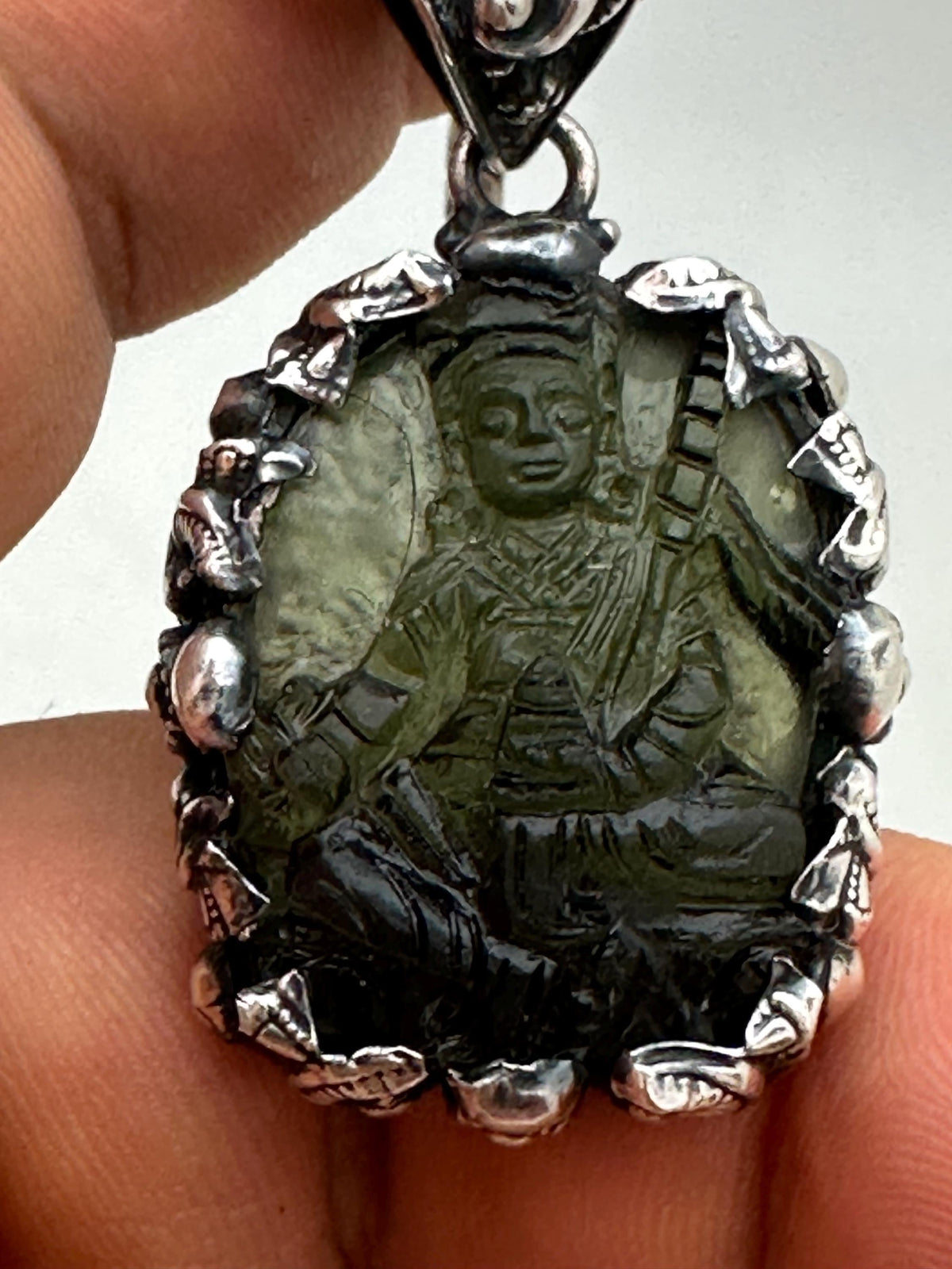 Moldavite guru padma sambhava , extremely rare master handcrafted with sterling silver