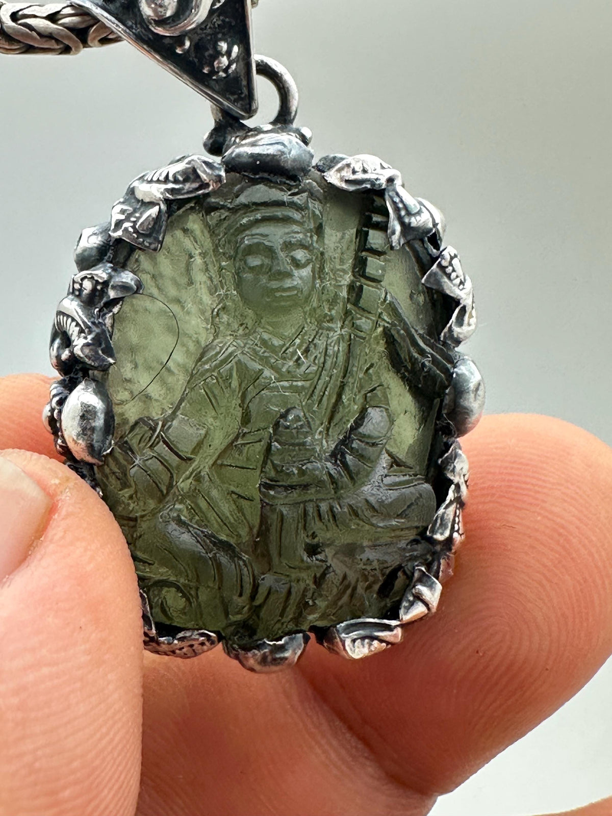 Moldavite guru padma sambhava , extremely rare master handcrafted with sterling silver